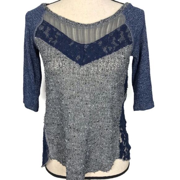 Free People Mix It Up Blouse Top Sweater Hacci thermal Blue Gray Tweed Lace XS - Picture 1 of 7